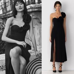 NEW Anthropologie x The Wolf Gang Flores One-Shoulder Rose Midi Dress Black S